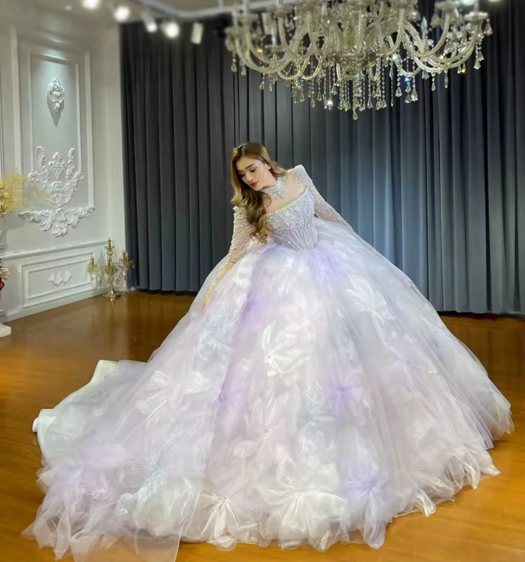 Gorgeous Multi Beaded Long Sleeve Corset Big Floral Quinceañera,  Bridal, Special Occasion, Pageant Ball Gown