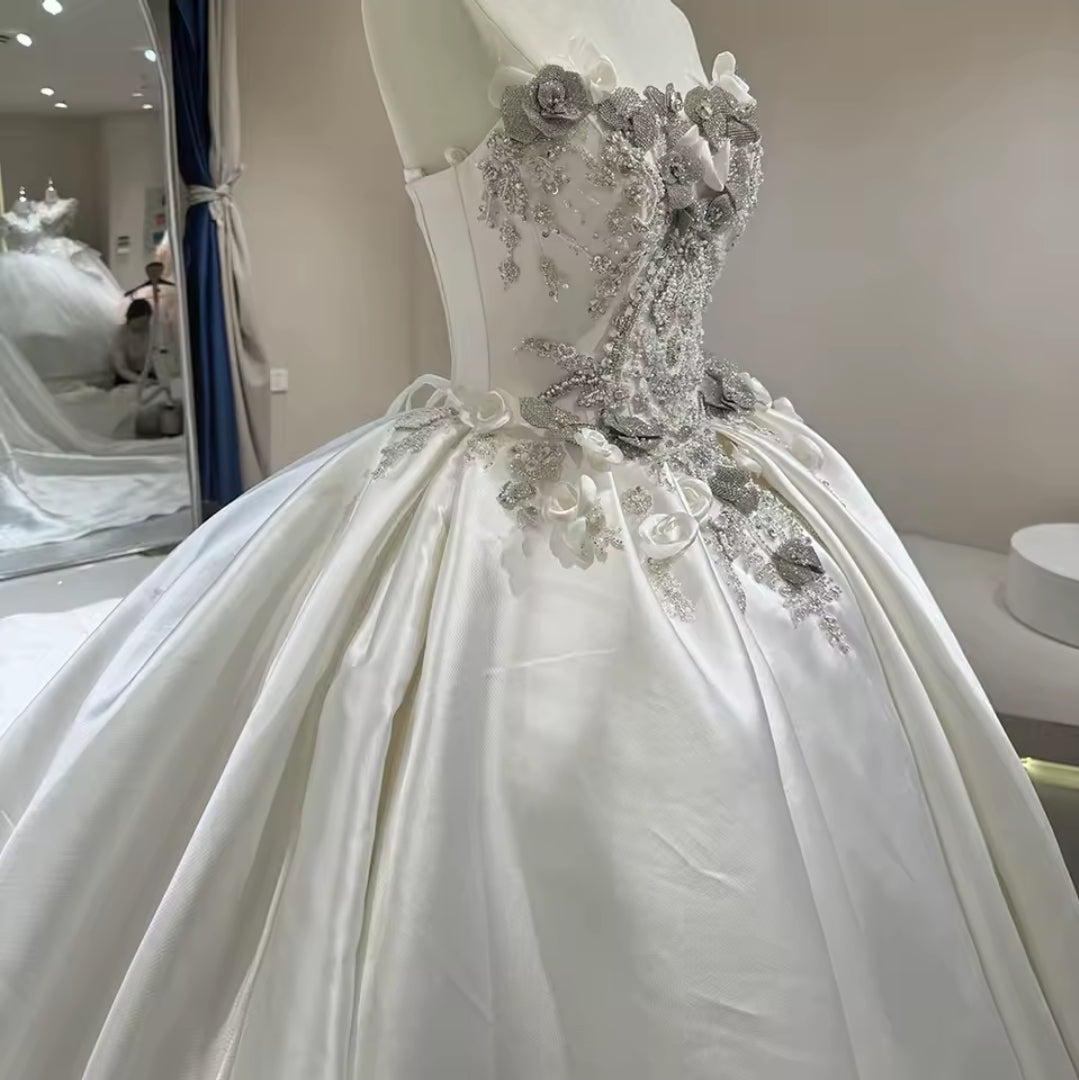 Exquisite Strapless Princess 3D Floral Faceted Multi Beaded Bridal Gown