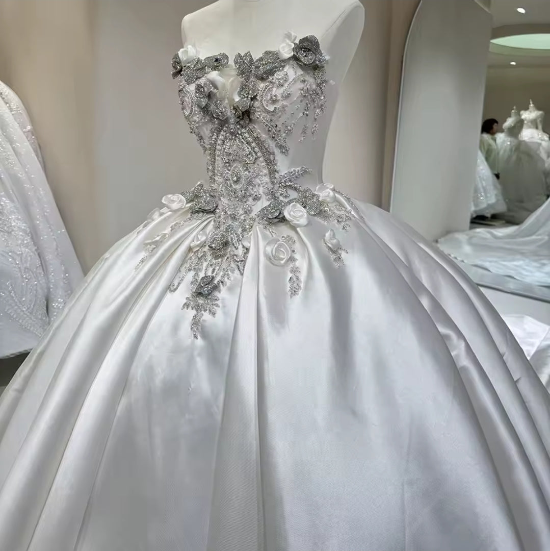 Exquisite Strapless Princess 3D Floral Faceted Multi Beaded Bridal Gown