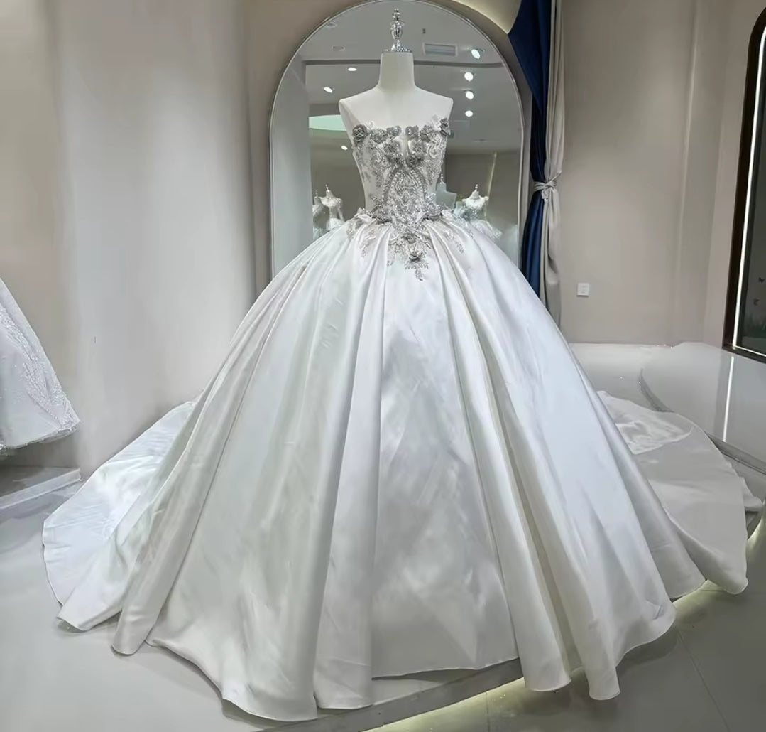 Exquisite Strapless Princess 3D Floral Faceted Multi Beaded Bridal Gown