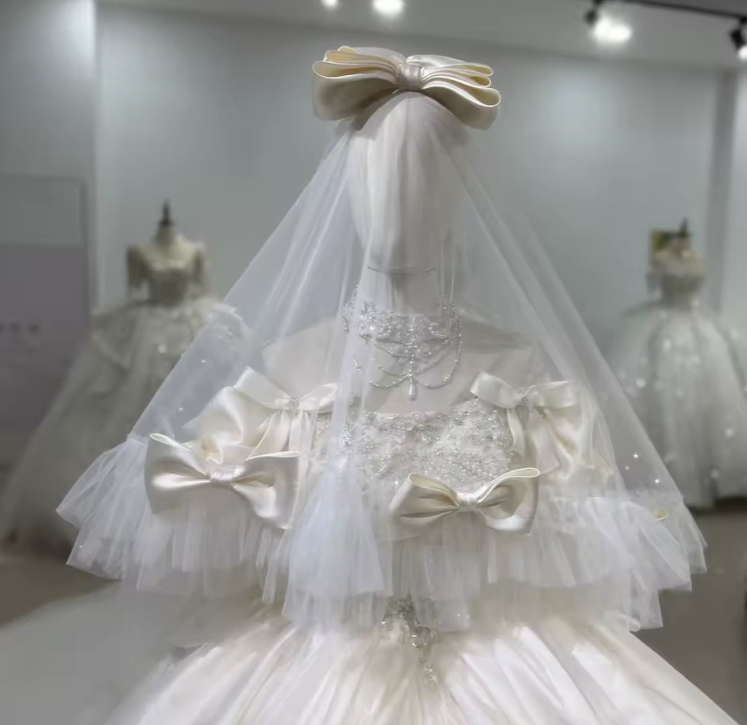 Victorian Off The Shoulder Bowknot Detail Scoop Neck Multi Beaded A-Line Bridal Ball Gown With Pulled Layerd Hem And Sparkling Underlay With Floral Appliqués Detail