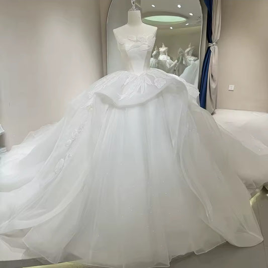 Strapless Sweetheart Bold And Beautiful Big Floral Lace Detailed Layered Sparkling Bridal & Ceremonial Ball Gown