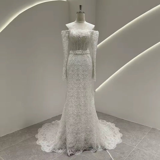 Full Lace With Bodice Scattered Pearl Beading Off The Shoulder 2025 Trumpet Style Bridal Gown With 50cm Train
