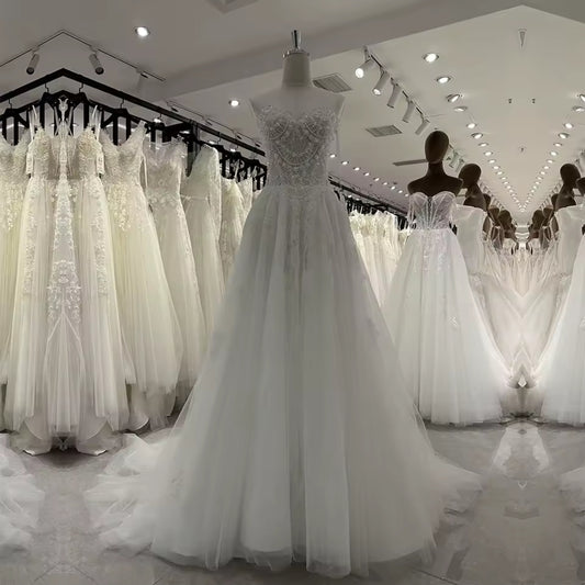 Lovely And Elegant 2025 Sweetheart Strapless Multi Beaded Lace Sequinned Ceremonial Bridal Gown With 50cm Train