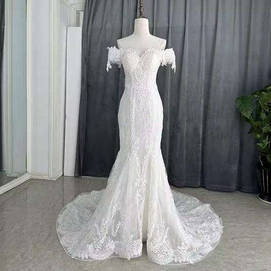 Lace Off The Shoulder Form Fitting Fit To Flare Sweetheart 2025 Ceremonial Bridal Gown With 50cm Train