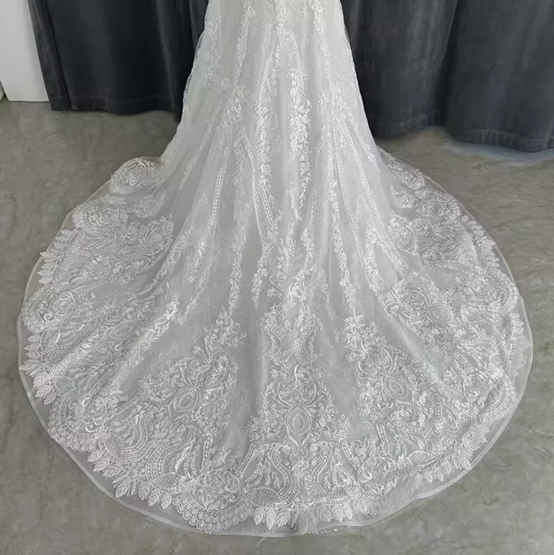 Lace Off The Shoulder Form Fitting Fit To Flare Sweetheart 2025 Ceremonial Bridal Gown With 50cm Train