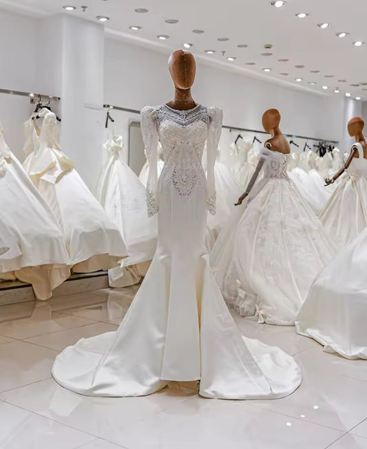 Long Sleeve Modest Satin Beaded Appliqués Elegant Bridal & Ceremonial Gown With 50cm Train