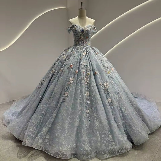 2025 Ice Blue Floral Multi Beaded Appliqués Non-Traditional A-Line Bridal And Ceremonial Ball Gown