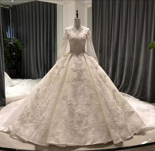 Modest 2025 Sweetheart Mid Neck Sheer Long Sleeve Beaded Detail A-Line Elegance Bridal Princess Ball Gown