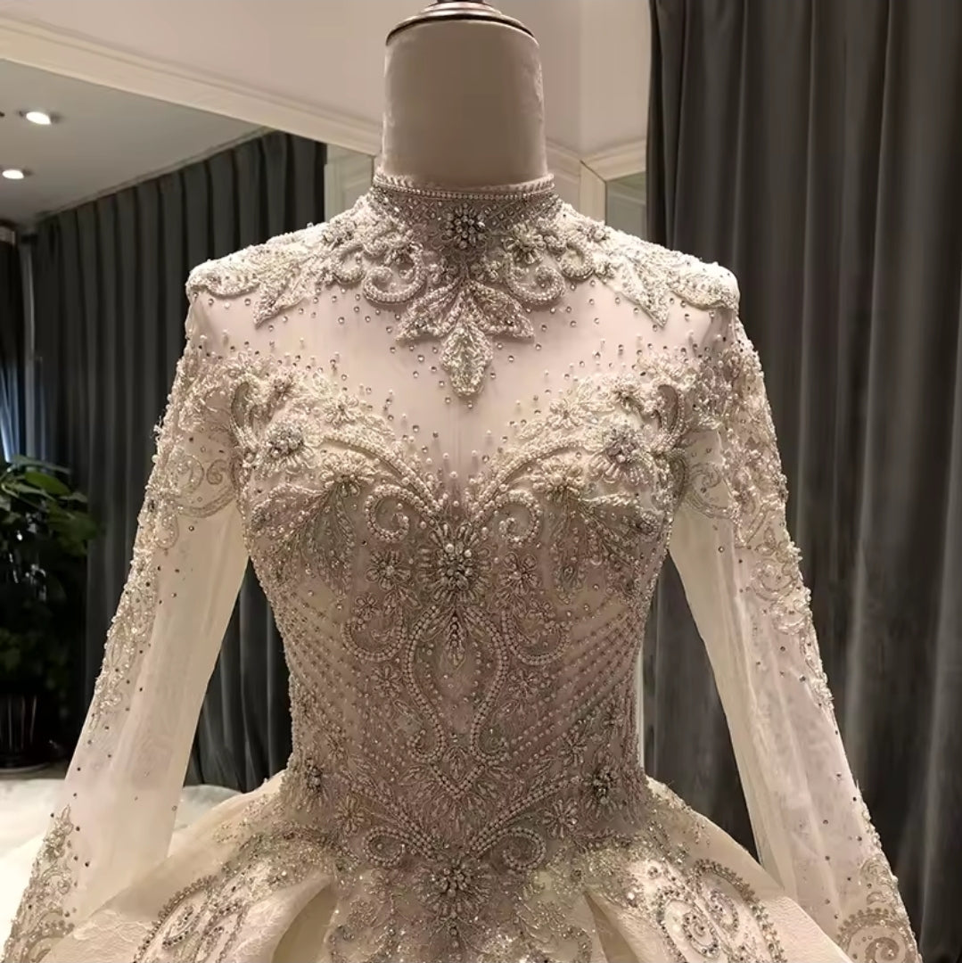 Modest 2025 Sweetheart Mid Neck Sheer Long Sleeve Beaded Detail A-Line Elegance Bridal Princess Ball Gown