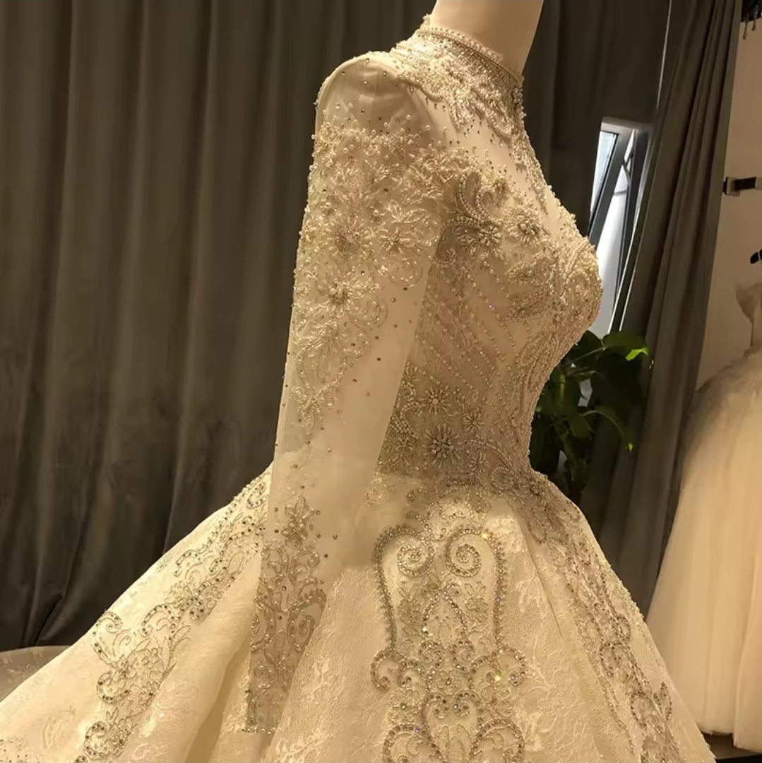 Modest 2025 Sweetheart Mid Neck Sheer Long Sleeve Beaded Detail A-Line Elegance Bridal Princess Ball Gown