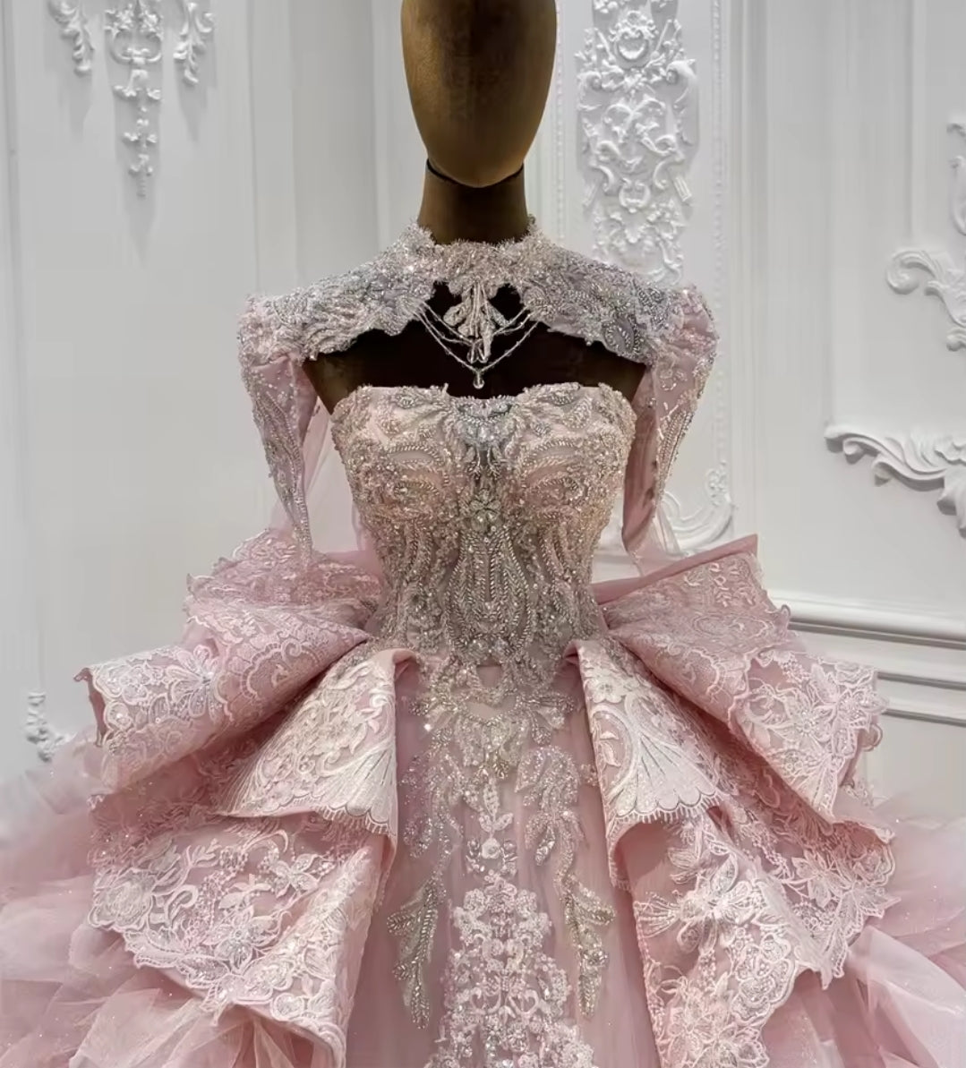 Strapless Pink Bella Princess Sweetheart Beaded Sequinned Layered Quinceañera Ball Gown With Detached Cap Sleeve Neck Piece And Train