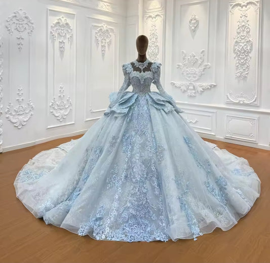 Immaculate 2025 Baby Blue Non-Traditional Long Sleeve Multi Beaded Draped Sweetheart Princess Bridal Ball Gown