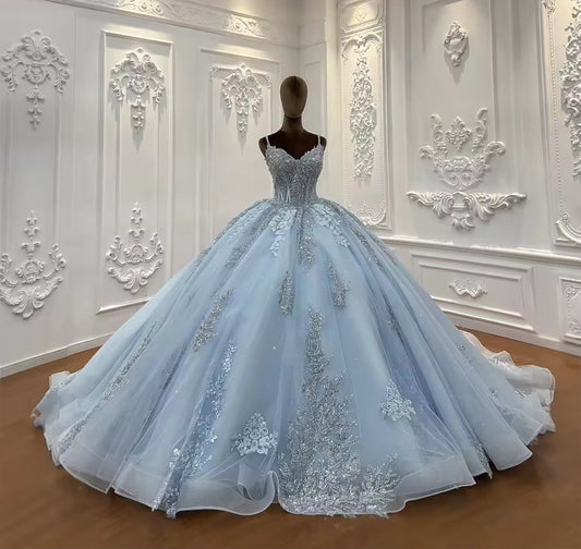 Sparkling Multi Beaded Non-Traditional Baby Blue Floral 2025 Bridal Ball Gown With Detachable Back Bow And Matching Cape
