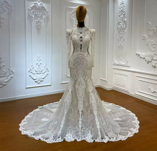 Beautiful 2025 Eye Lash Lace Pearl Beaded Mid Neck Long Sleeve Trumpet Bridal & Ceremonial Gown