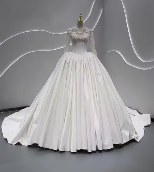 Long Sleeve Floral Lace Cinched Bodice A-Line Pleated Bridal Gown