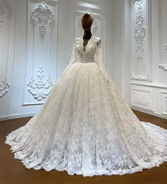 Plunging Neckline Long Sleeve Elegant Eyelash Lace Bridal & Ceremonial Gown