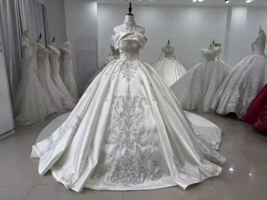 Multi Beaded 3D Floral Accents 2025 Off The Shoulder Elegant A-Line Bridal Gown With Matching Neck Piece