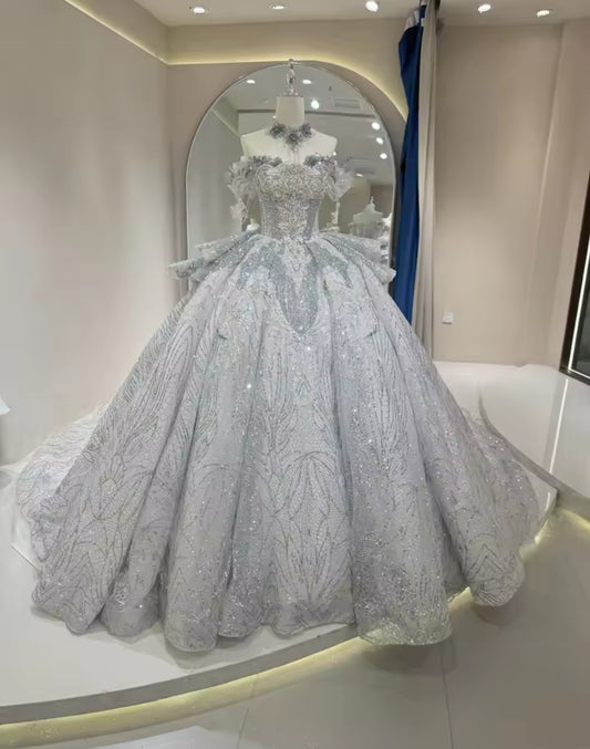 Spectacular Shimmering And Sparkling Throughout Draped Floral Appliqués Off The Shoulder Multi Beaded And Embellished Bodice A-Line Princess Bridal Gown With Gorgeous Neck Piece