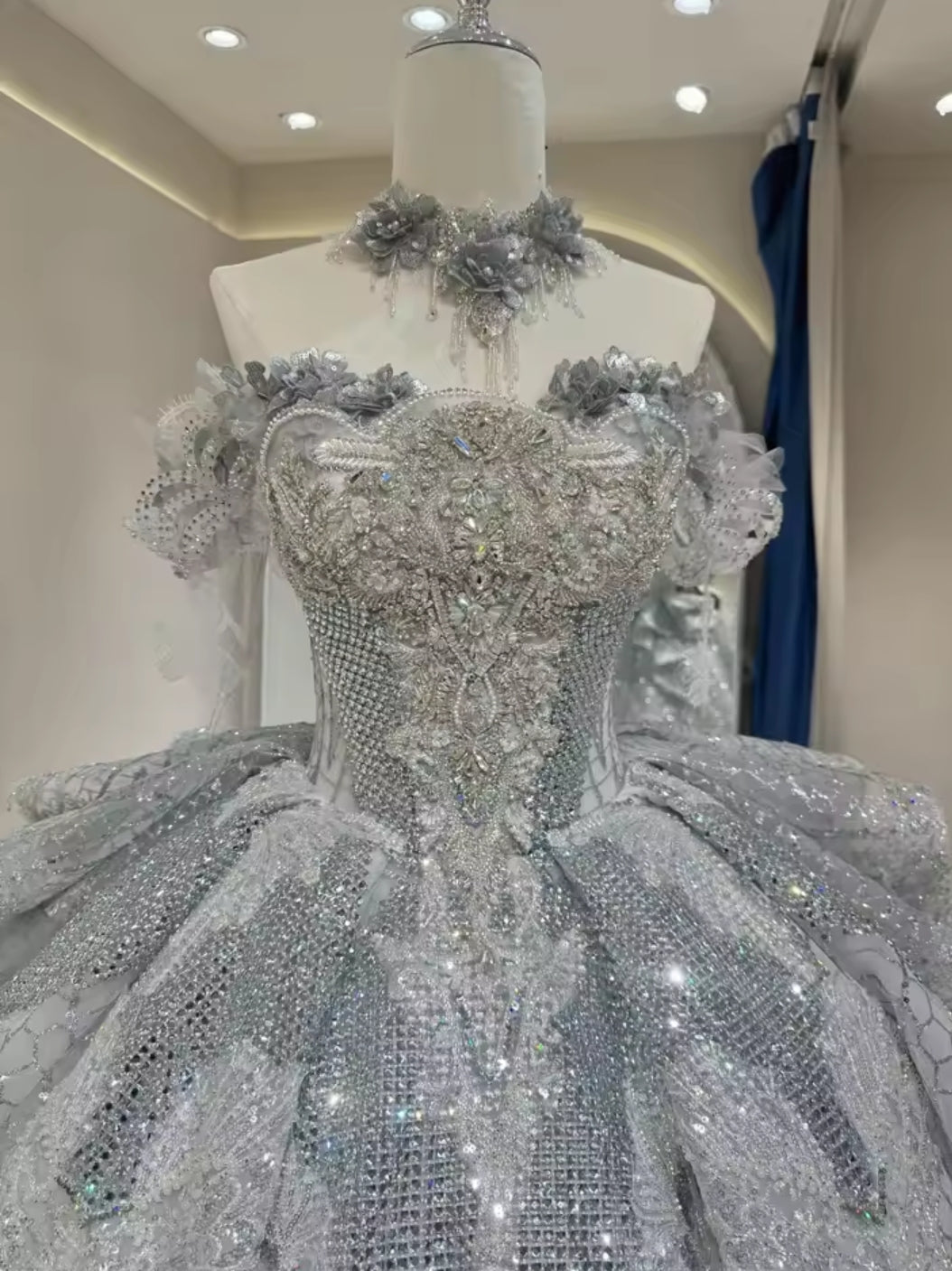 Spectacular Shimmering And Sparkling Throughout Draped Floral Appliqués Off The Shoulder Multi Beaded And Embellished Bodice A-Line Princess Bridal Gown With Gorgeous Neck Piece