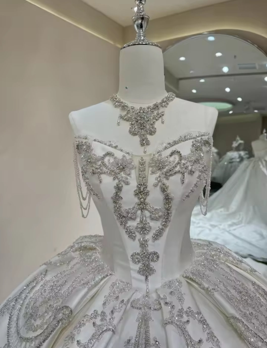 Multi Beaded Draped Off The Shoulder Sweet Princess Multi Embellished Corset Waistline Bridal And Ceremonial Gown With Neck Piece