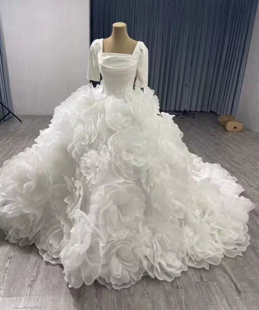 Half Sleeve Satin Pleated Corset Gown With Oversized Flower Skirt With Beautiful Matching Veil Included