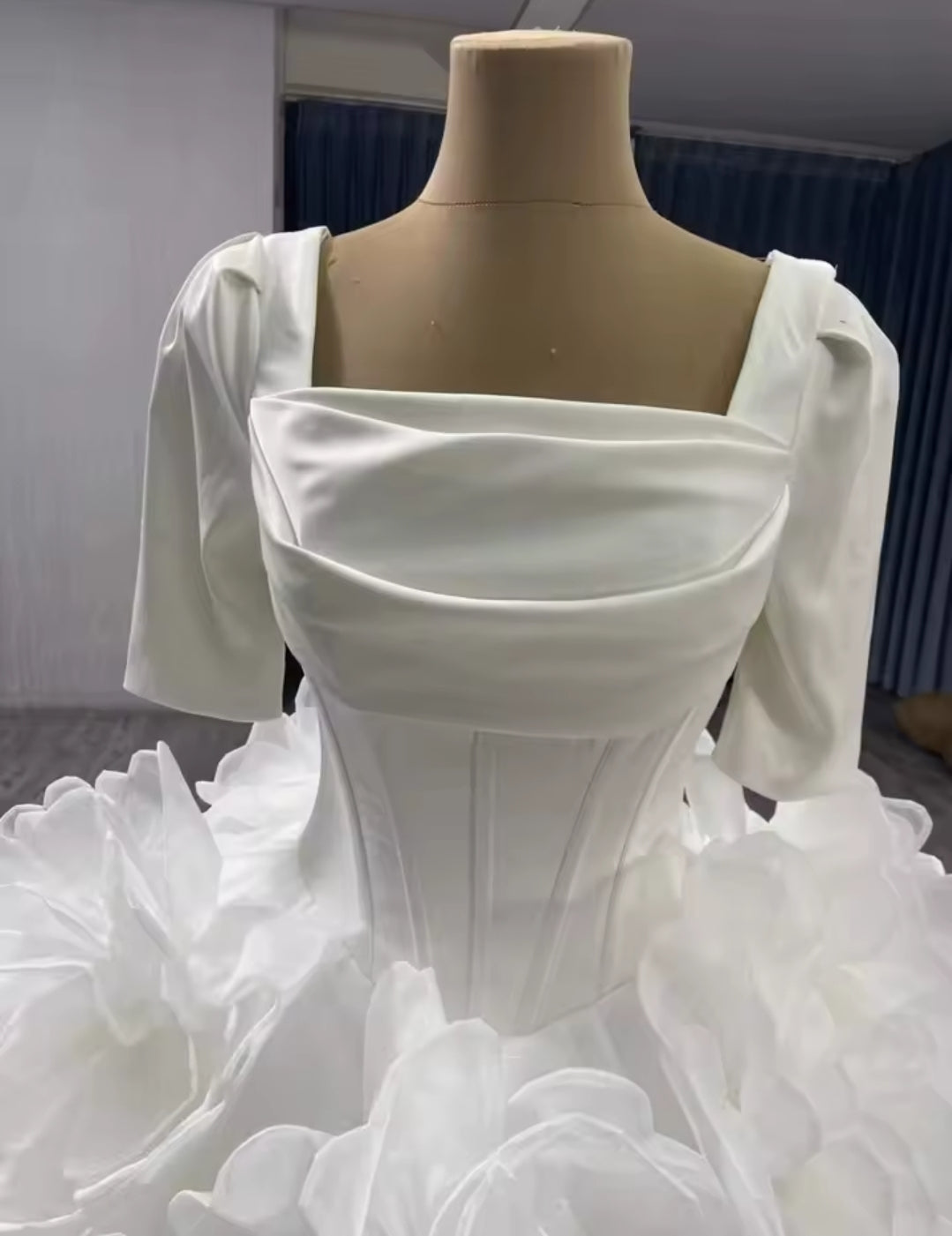Half Sleeve Satin Pleated Corset Gown With Oversized Flower Skirt With Beautiful Matching Veil Included