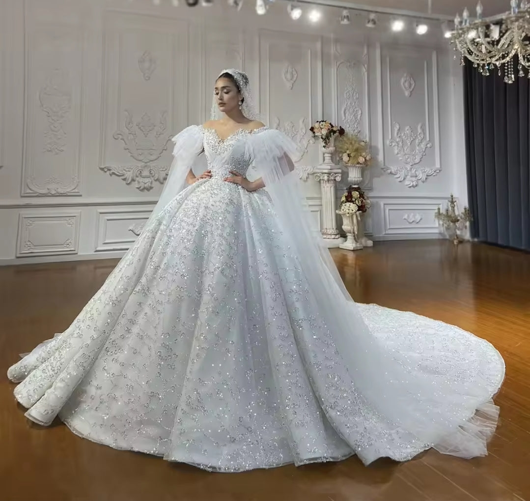 Illusion Off The Shoulder Puff Train Sleeves Beautiful Scattered Multi Beaded Sweetheart Princess Bridal Ball Gown With 100cm Train