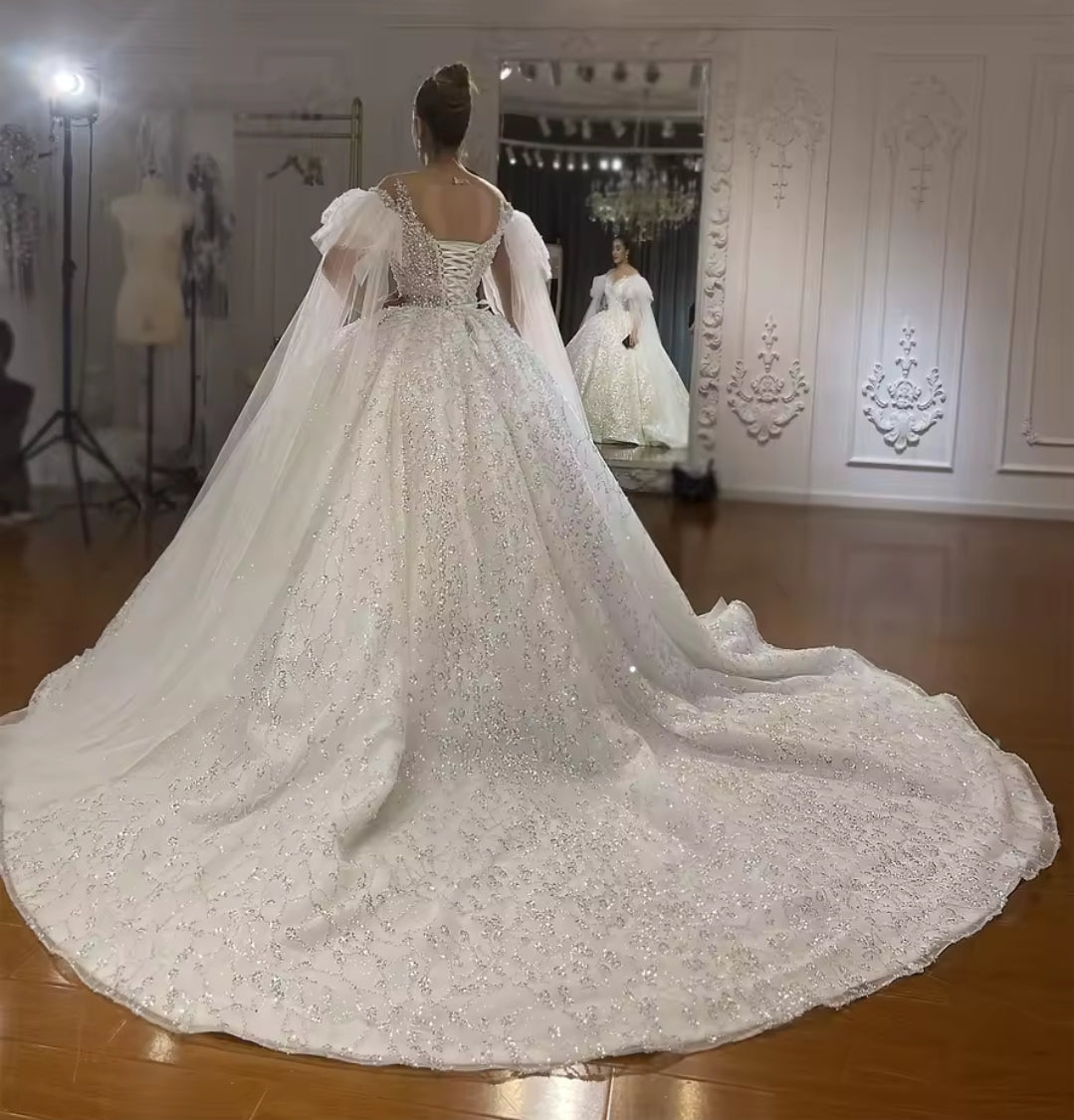 Illusion Off The Shoulder Puff Train Sleeves Beautiful Scattered Multi Beaded Sweetheart Princess Bridal Ball Gown With 100cm Train