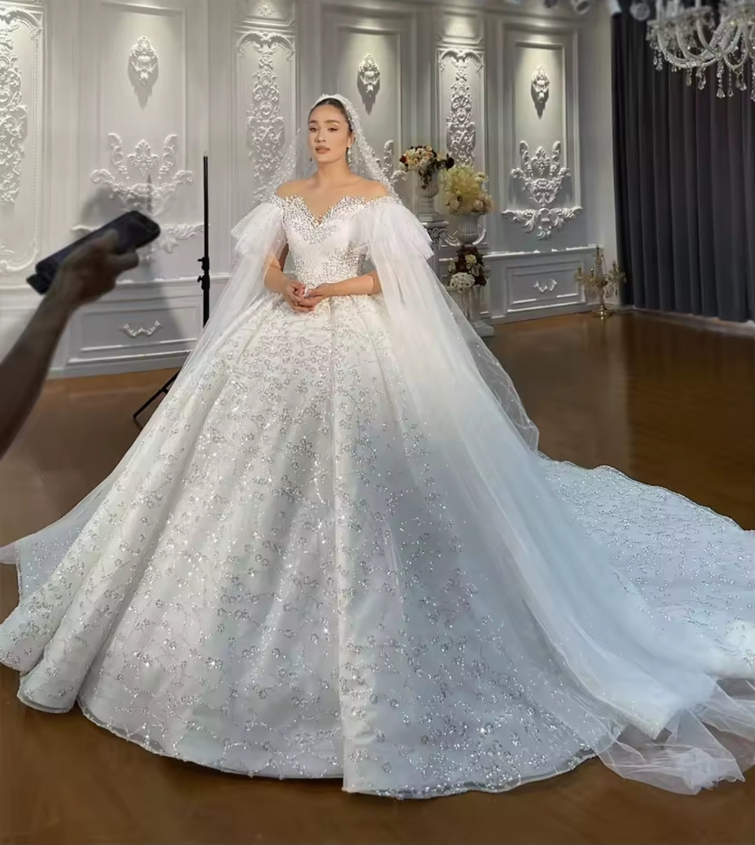 Illusion Off The Shoulder Puff Train Sleeves Beautiful Scattered Multi Beaded Sweetheart Princess Bridal Ball Gown With 100cm Train