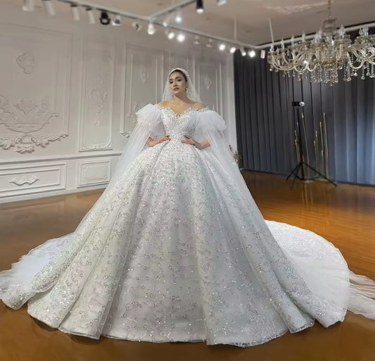 Illusion Off The Shoulder Puff Train Sleeves Beautiful Scattered Multi Beaded Sweetheart Princess Bridal Ball Gown With 100cm Train