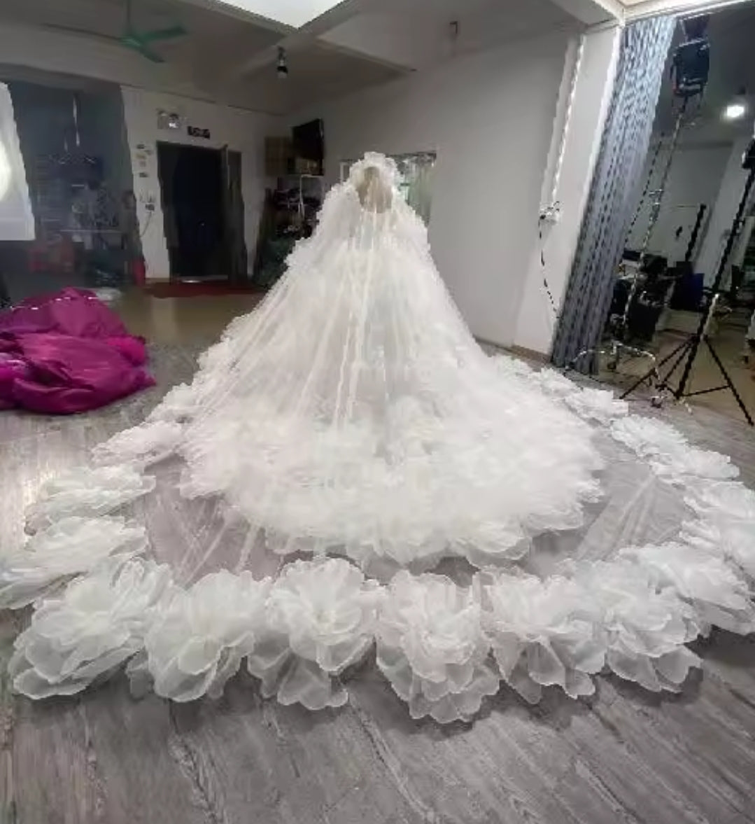 Half Sleeve Satin Pleated Corset Gown With Oversized Flower Skirt With Beautiful Matching Veil Included