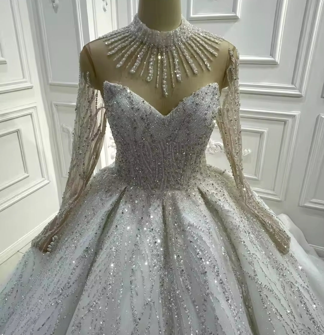 Long Sleeve Illusion Multi Beaded Hanging Sweetheart Mid Neck Shimmering Princess Bridal Gown