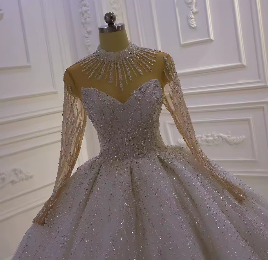 Long Sleeve Illusion Multi Beaded Hanging Sweetheart Mid Neck Shimmering Princess Bridal Gown