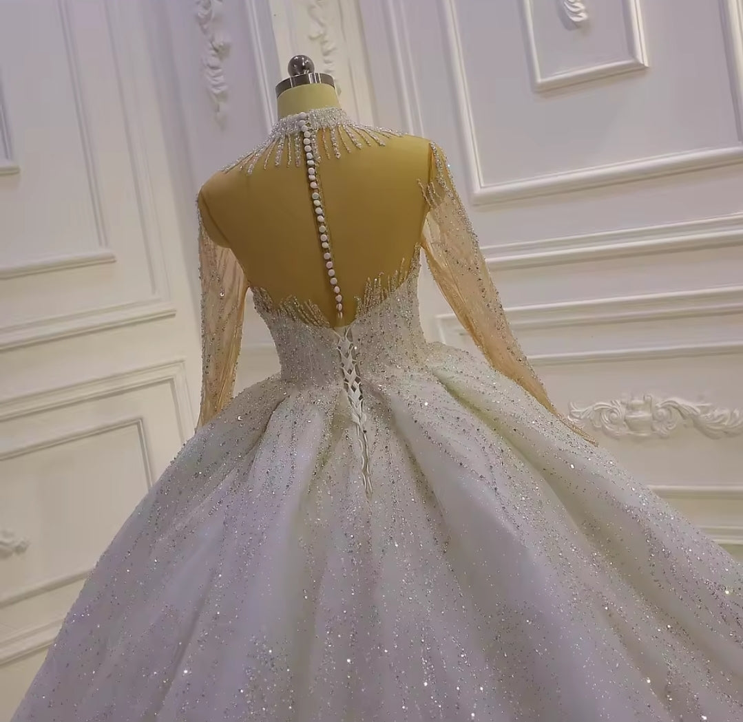 Long Sleeve Illusion Multi Beaded Hanging Sweetheart Mid Neck Shimmering Princess Bridal Gown