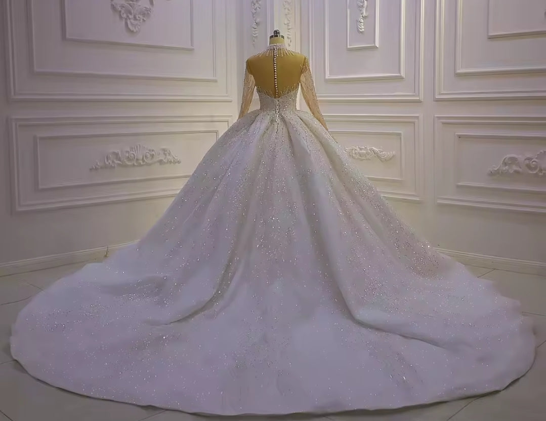Long Sleeve Illusion Multi Beaded Hanging Sweetheart Mid Neck Shimmering Princess Bridal Gown