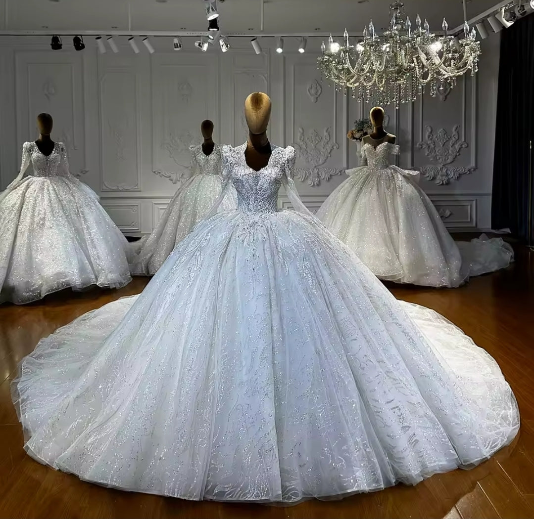 Elegant Beautiful Lace Long Sleeve Victorian A-Line Bridal And Ceremonial Ball Gown