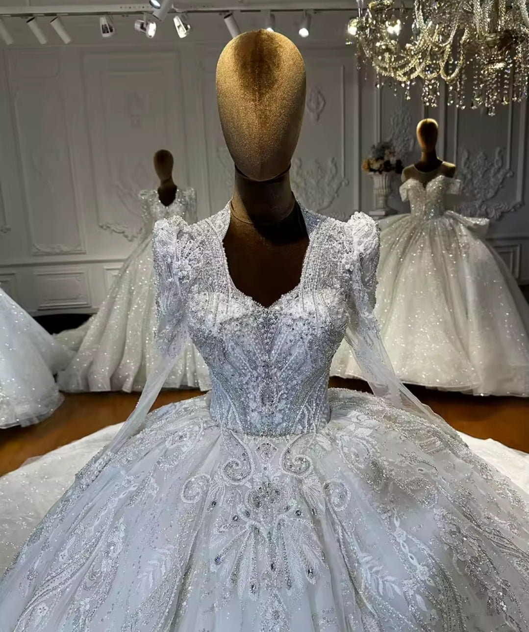 Elegant Beautiful Lace Long Sleeve Victorian A-Line Bridal And Ceremonial Ball Gown