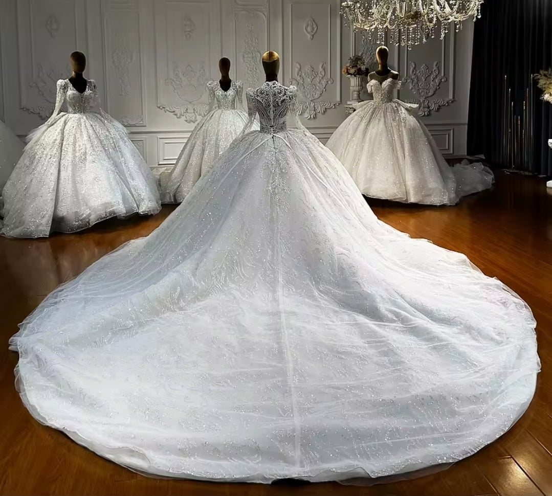 Elegant Beautiful Lace Long Sleeve Victorian A-Line Bridal And Ceremonial Ball Gown