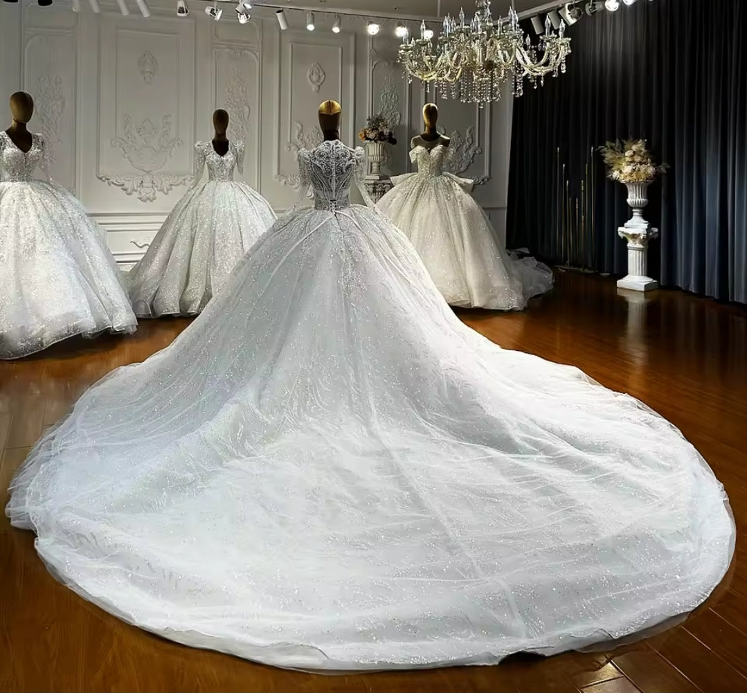 Elegant Beautiful Lace Long Sleeve Victorian A-Line Bridal And Ceremonial Ball Gown