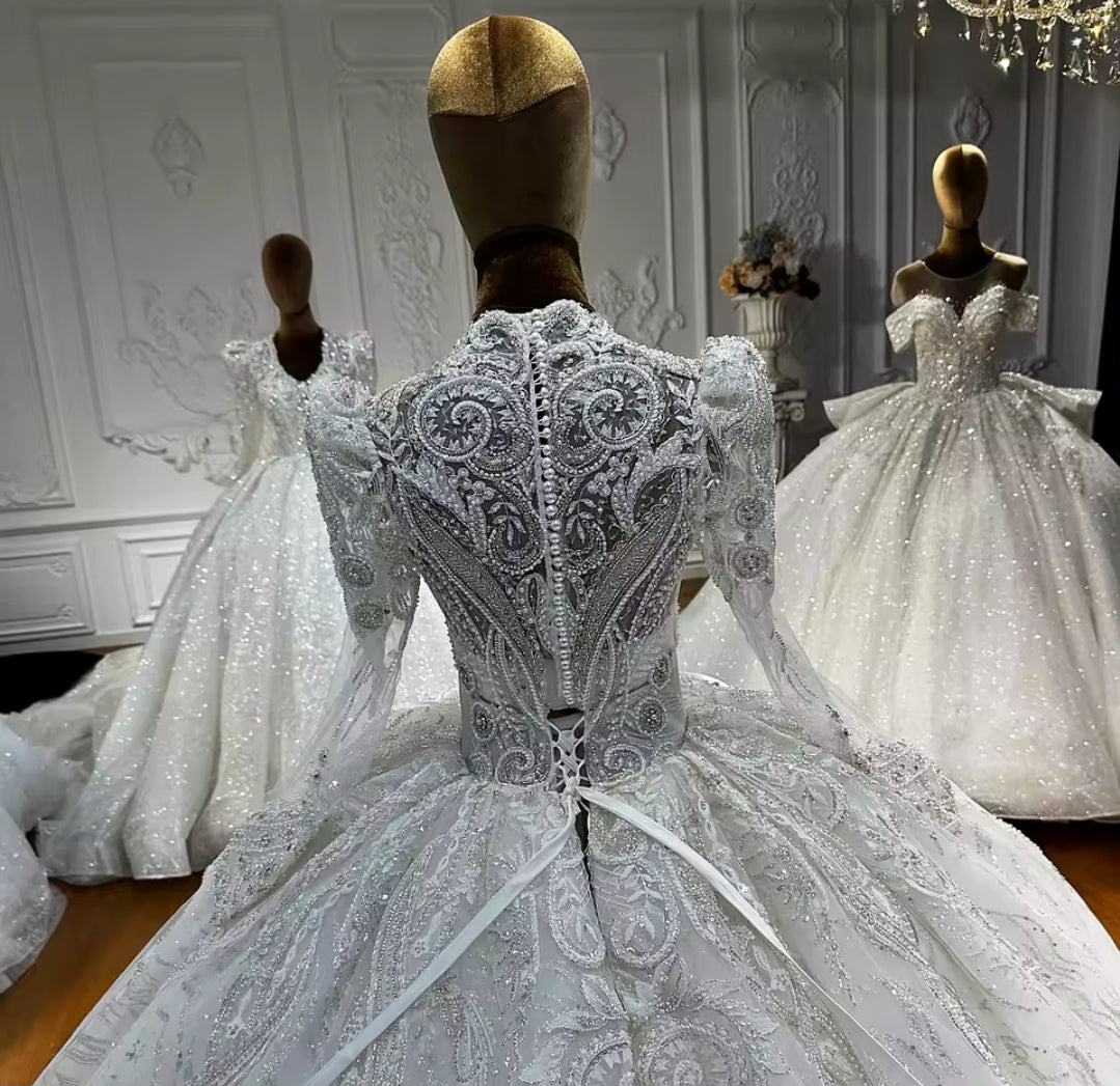 Elegant Beautiful Lace Long Sleeve Victorian A-Line Bridal And Ceremonial Ball Gown