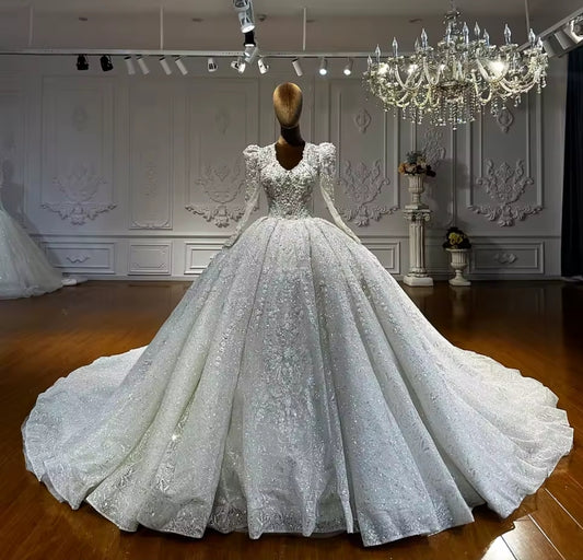 2025 Floral Lace And 3D Floral Motiff Multi Beaded Long Sleeve With Open Back Lace Up Victorian Style Bridal Gown