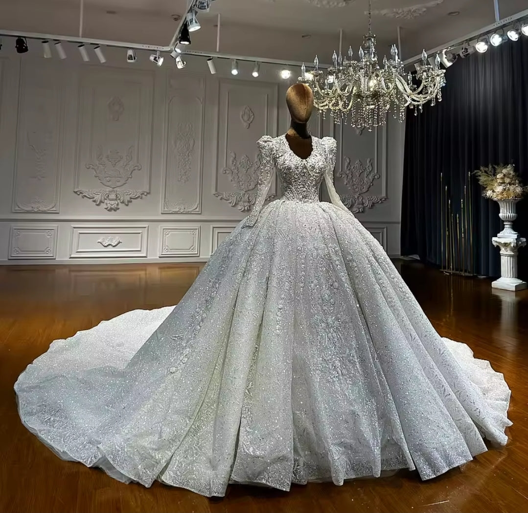 2025 Floral Lace And 3D Floral Motiff Multi Beaded Long Sleeve With Open Back Lace Up Victorian Style Bridal Gown