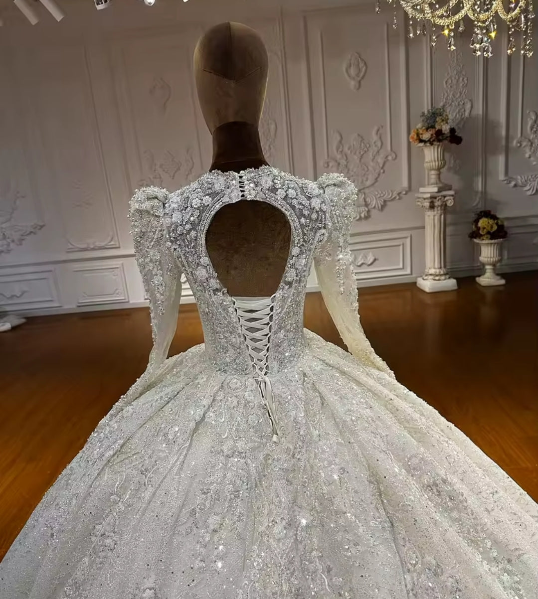 2025 Floral Lace And 3D Floral Motiff Multi Beaded Long Sleeve With Open Back Lace Up Victorian Style Bridal Gown