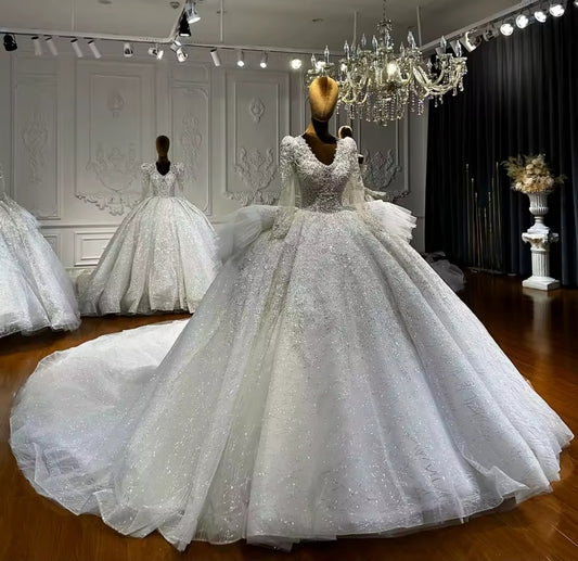 Multi Beaded Long Sleeve Bridal Ball Gown With Layered Puff Back Detail With Open Back And Lace Up