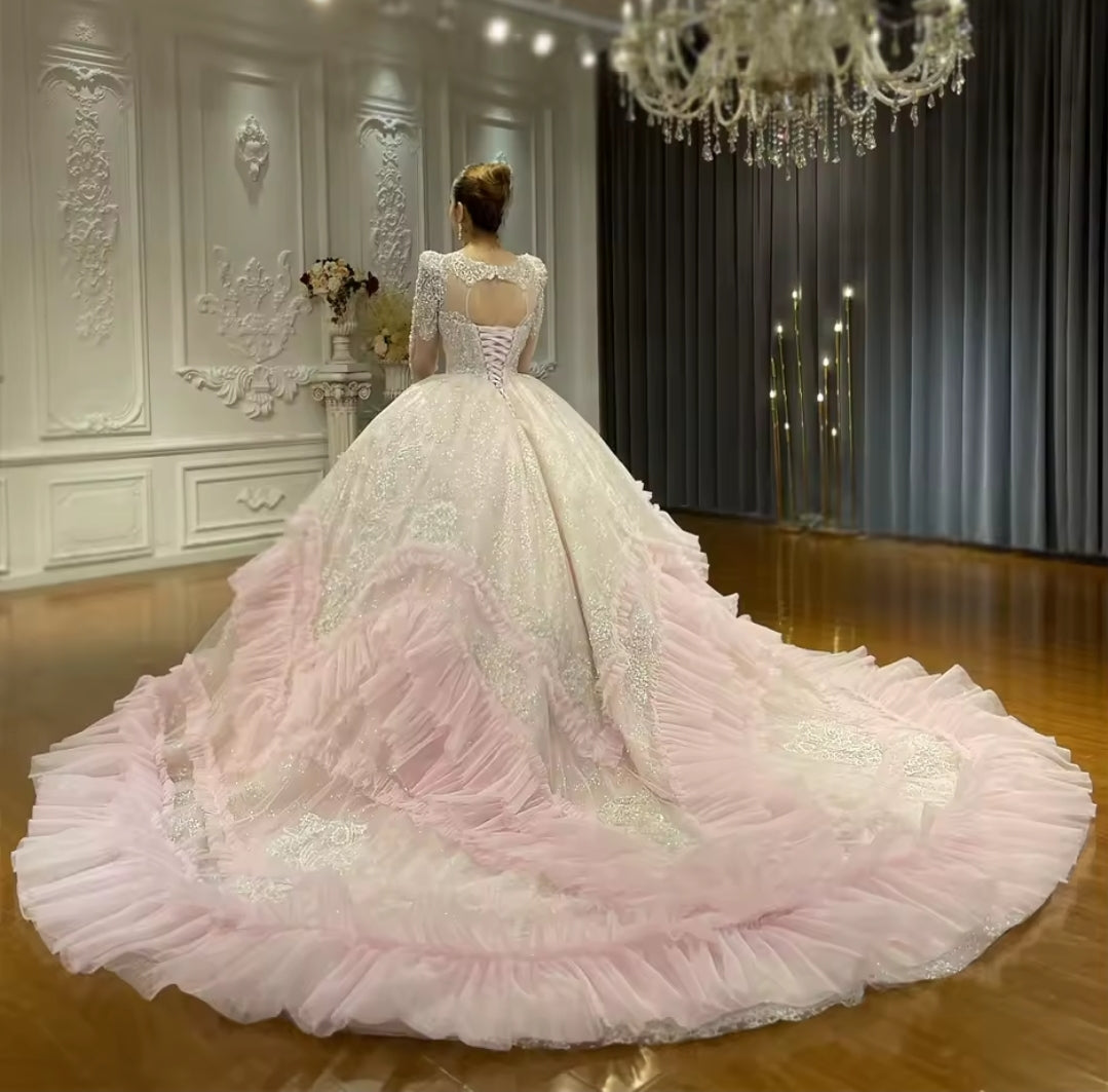 Sweet Pink Mid Neck Lace & Ruffles 2025 Non-Traditional Bridal Ball Gown