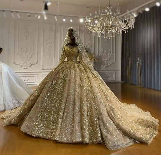 Sparkling Golden Non-Traditional Illusion V Neck Princess Bridal Ball Gown