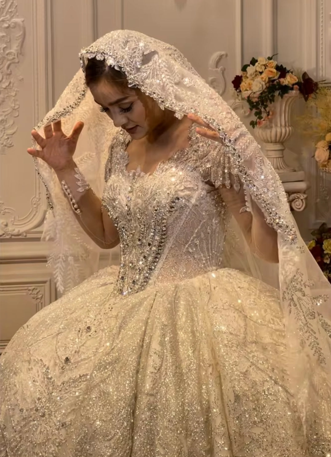Stunning And Sparkling Tulle Sequin Beaded 400CM Ivory Bridal Veil