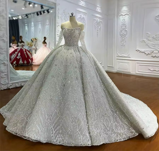 Gorgeous Multi Beaded Embellished Lace And Sequin Strapless Scoop Neck Bridal Gown With Detached 3/4 Sleeves
