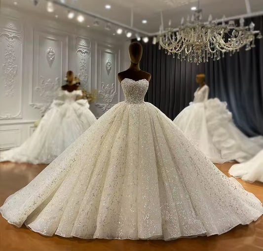 2025 Strapless Elegant Pearl And Multi Beaded Bodice With Shimmering Lace Skirt Bridal Ball Gown With Matching Detached Sleeves